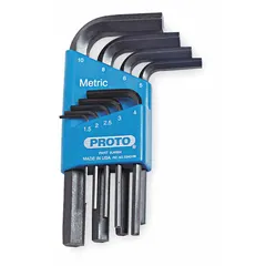 This 9-piece L-shaped hex key set includes metric and standard end sizes with short arms and two tips. The keys feature a black oxide finish and are stored in a holder for organization. Used for tightening and loosening hex socket fasteners in maintenance, assembly, and repair tasks.