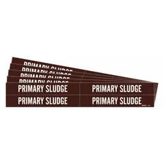 These adhesive pipe markers are designed for identifying primary sludge piping in industrial wastewater treatment or processing facilities. Each marker features a brown background with white legend text reading 'Primary Sludge' and fits pipe outer diameters from 3/4 to 2-3/8 inches. Sold in a pack of 5, each containing 4 markers without arrows.