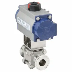 This pneumatically-actuated two-way ball valve is constructed from 316 stainless steel with clamp x clamp connections. It meets 3A Sanitary Standards and has an average surface roughness (Ra) of less than 0.6 micron. Pilot solenoid voltage is not included. Suitable for use in sanitary processing lines requiring clean-in-place (CIP) capabilities.