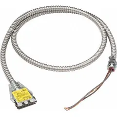 Dropcable accessory for lighting fixtures, 9 ft length, 7/16 in width, 2 1/4 in height. Includes power feed wires. Used to connect and suspend fixtures in high-bay applications.