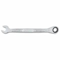 This 13 mm combination wrench features a full polish chrome finish over alloy steel. The spline ratcheting box end allows bidirectional fastening without repositioning. Typical applications include assembly, maintenance, and repair tasks in industrial environments where metric fasteners are used.