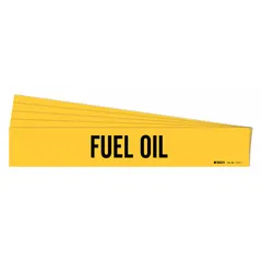Adhesive pipe marker for identifying fuel oil lines. Yellow background with black legend. Fits pipe outer diameters from 2-1/2 to 7-7/8 inches. Pack of 5 markers without arrows. Suitable for industrial piping systems requiring clear identification of fuel oil content.