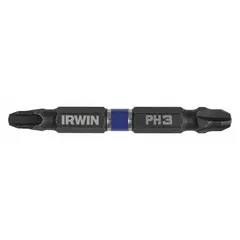 Double-ended power driver bit with PH3 Phillips tip on side 1. Hex shank provides secure grip in power tool chucks. Sold as a 2-pack for reduced downtime in high-torque fastening applications.