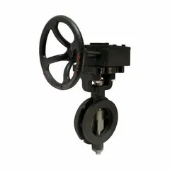This carbon steel high-performance butterfly valve features a wafer-style body with 12 bolt holes, RPFTE liner, and FKM seals. It is gear-operated via handwheel and designed for 12-inch pipe size. Typical applications include flow control and shut-off in industrial piping systems handling water media.