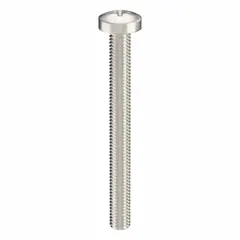 Pan head machine screws with M5x0.80 thread, 50 mm length, made from 18-8 stainless steel with a plain finish. Phillips drive with #2 drive size. Supplied in a 25-pack. Used in industrial assembly and maintenance for fastening components in electrical enclosures, machinery guards, and equipment panels.