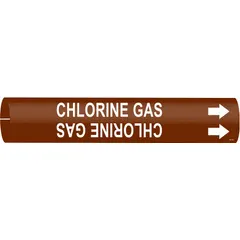 Snap-on pipe marker for identifying pipes carrying chlorine gas. Brown background with white legend and directional arrows. Fits pipe outer diameters from 1-1/2 to 2-3/8 inches. Used in industrial piping systems to indicate contents and flow direction.