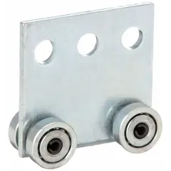 Steel trolley with silver electroplated finish. Overall length 3 1/2 in, width 1 5/16 in, thread size 9/16 in. Used in overhead material handling systems to suspend and move loads along a track.