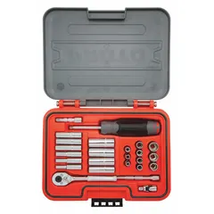 This 25-piece SAE socket set includes deep sockets and drive tools with a 1/4 in drive, covering sizes from 3/16 in to 9/16 in. It is used for tightening and loosening standard SAE fasteners in industrial maintenance, repair, and assembly tasks. The set does not include socket bits.