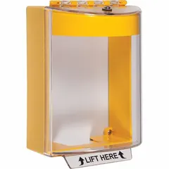 Clear polycarbonate wall fixture guard for indoor dual action pull stations. Features a 'LIFT HERE' legend, IP56 water resistance, and includes mounting hardware for surface-mount installation. Helps protect the device against vandalism and accidental damage.