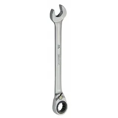 Chrome-finished alloy steel combination wrench with a 9/16 in 12-point ratcheting box end and offset design. Overall length of 7 1/2 in. Used for tightening and loosening fasteners in confined spaces where a standard wrench may not fit.