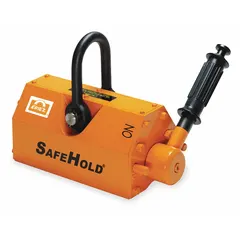 This ERIEZ lifting magnet is a pull-lever type designed for handling ferrous materials on flat surfaces. With a maximum flat load capacity of 1,500 lb, it is suitable for lifting steel plates, blocks, and dies in metal fabrication, scrap handling, and machine shop operations.