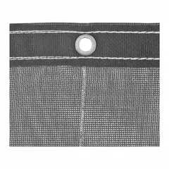 This mesh tarp measures 15 ft long by 7 ft wide and is rated for standard duty. It is constructed from 10 mil thick black polyester fabric weighing 12 oz/sq yd with a PVC coating. The mesh design allows airflow, reducing wind lift and moisture buildup, making it suitable for covering equipment, materials, or loads in industrial and construction settings.