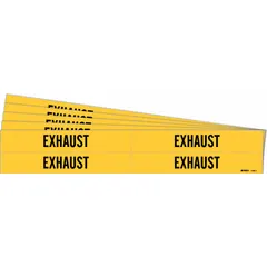 Yellow adhesive pipe marker with black legend reading 'Exhaust' for identifying exhaust lines in industrial piping systems. Fits pipe outer diameters from 3/4 to 2-3/8 inches. Each pack contains 4 markers without directional arrows, sold in a 5-pack quantity.