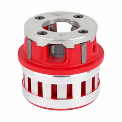 This die head is designed for use with handheld pipe threaders to cut NPT threads on 1-inch pipe. Constructed from alloy steel, it features right-hand thread direction. Suitable for plumbing and industrial piping applications requiring standard taper threads.