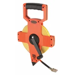 Manual open-reel long tape measure with a 100 ft / 30 m fiberglass blade. Features double-sided metric/SAE scale with 2 mm graduations and a nonmagnetic double hook for secure anchoring. Housed in a plastic case. Suitable for measuring long distances in construction, surveying, and industrial layout.