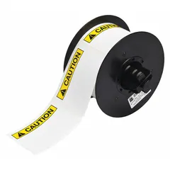 White vinyl label roll with CAUTION header, measuring 2 1/4 in x 3 in on a 2 1/4 in roll. Acrylic adhesive. Compatible with BBP30 printer series. Used for marking caution hazards in industrial facilities.