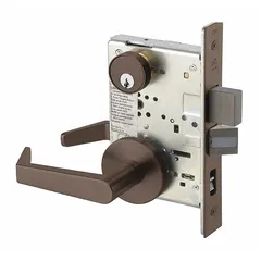 This classroom lever lockset features a satin chromium-plated finish and Augusta style lever. It is ADA compliant with ANSI F05 function, allowing locking from the interior while permitting immediate egress. Suitable for use in educational facilities where secure classroom door control is required.