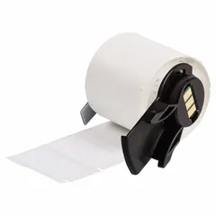 Precut nylon label for permanent identification of wires from 22 AWG to 16 AWG. Black text on white surface wraps around the wire. Compatible with M710 printer series; requires M7-R4300 ribbon. Used in panel building, electrical maintenance, and industrial cable marking.