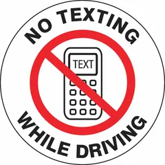 Set of five adhesive-mount vinyl signs displaying a circle 'No Texting While Driving' message. Each sign measures 1 1/2 in x 1 1/2 in nominal size. Non-retroreflective, not glow-in-the-dark, and without anti-slip surface. Suitable for placement on clean surfaces in workplaces or public areas to discourage distracted driving.