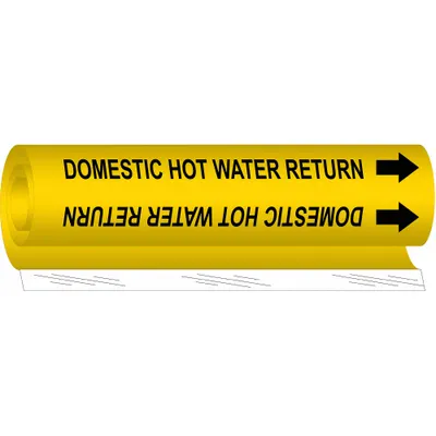 BRADY Pipe Marker: Domestic Hot Water Return, Yellow, Black, Fits 2 1/2 to 7 7/8 in Pipe O.D. - Domestic Hot Water Return Wrap-Around Pipe Markers
