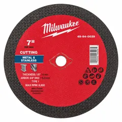 This MILWAUKEE cut-off wheel is a Type 1 general purpose wheel for cutting carbon and stainless steel. It features a 30 grit aluminum oxide abrasive and measures 7 inches in diameter, 1/8 inch thick, with a 5/8 inch arbor. Suitable for metal fabrication, maintenance, and repair tasks.