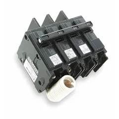 Three-pole bolt-on miniature circuit breaker rated 50 A at 240 V AC with shunt trip for remote or emergency disconnection. Provides overcurrent protection in electrical distribution systems. Part of the BQ series for use in compatible panelboards.