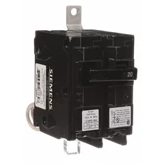 Bolt-on miniature circuit breaker from the BL Series, rated 20 A at 120/240V AC, single-phase, 1-pole. Features a shunt trip for remote tripping capability. Maximum AIR rating of 22kA at 120V AC. Designed for use in Siemens P1 panelboards for overcurrent protection in electrical distribution systems.
