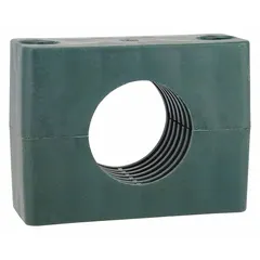 Steel clamp with polypropylene cushion for securing and dampening vibration on a single line. Ribbed bore provides enhanced grip. Used in industrial piping and tubing systems to reduce noise and wear.