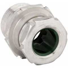 Straight metallic cable grip with 3/4 in MNPT box connection for securing and sealing cords in Class III, Division 2 hazardous locations. Accommodates cord diameters from 0.13 in to 0.28 in. Aluminum body in silver with IP66 rating for dust and water ingress protection.