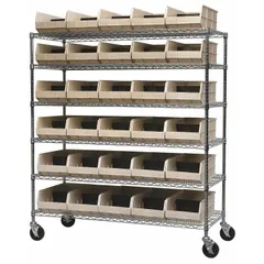 Wire mobile bin shelving unit with 6 shelves and 30 open-front stack bins in beige. Each bin measures 7 in x 11 in x 20-1/2 in. The mobile base allows repositioning for flexible storage in industrial environments such as warehouses, assembly lines, and maintenance shops.