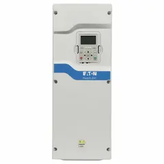Enclosed variable frequency drive with integrated bypass for HVAC fan and pump speed control. Three-phase output, 20 hp, IP21 enclosure, white finish. Suitable for commercial building applications requiring energy-efficient motor management and manual operation during drive maintenance.