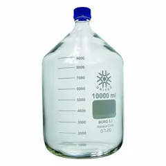 This 10 L glass media bottle features a narrow mouth and a colorless body. It is equipped with a screw-on closure with GL-45 thread size. Commonly used for storing and dispensing laboratory media, buffers, and solutions.