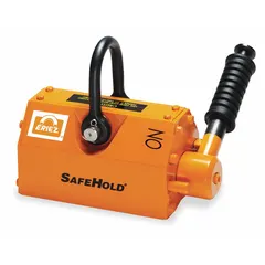 Round- and flat-surface lifting magnet with pull-lever actuation. Max flat load capacity of 750 lb. Used for manual lifting and positioning of ferrous materials in industrial material handling, machining, and fabrication operations.