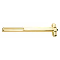 This rim-type exit device features a touchbar style and is constructed of brass. It is designed for doors up to 3 ft wide and is ADA compliant for accessible egress in commercial applications