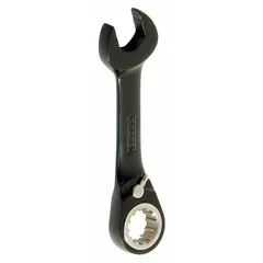 This 19 mm metric spline ratcheting combination wrench is made from alloy steel with a black chrome finish. It features an offset design and a spline ratcheting box end for efficient fastening and loosening of nuts and bolts. The overall length is 5 1/2 inches. Suitable for general fastening tasks in maintenance and repair applications.