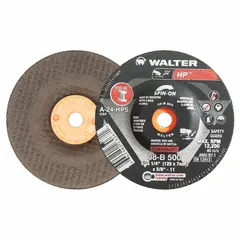 General purpose grinding wheel for carbon and stainless steel. Type 27 depressed center design. 5" diameter, 1/4" thickness, 5/8"-11 arbor. 30 grit. Suitable for metal fabrication, weld preparation, and surface blending.