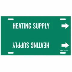 Green pipe marker with white legend reading 'Heating Supply' for identifying heating supply lines. Fits pipe outer diameters from 8 to 9-7/8 inches. Includes directional arrows. Snap-on design for secure attachment to pipes.