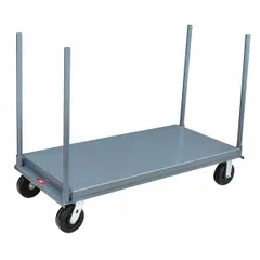 This platform truck features a solid 12 ga steel deck in gray, measuring 60 in L x 30 in W x 10 in H, with corner-post handles for securing oversized loads. It has a caster configuration of (2) swivel casters and a load capacity of 2000 lb. Suitable for transporting bulky items in warehouses and industrial facilities.