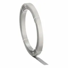 This 201 stainless steel strapping is used for heavy-duty bundling, clamping, and securing industrial components such as pipes, hoses, and cables. It offers a break strength of 2,250 lb and comes in a 50 ft length with a gray finish.