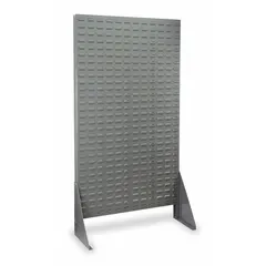 This floor-standing louvered rack features one louvered side and a gray powder-coated finish. It accepts standard bins (sold separately) for organizing small parts, tools, or components in industrial facilities, warehouses, and workshops.