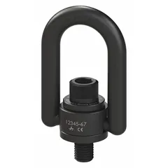 This high-strength forged pivot and rotate hoist ring is constructed from black oxide-coated steel with an M20-2.50 thread. Rated for a maximum load of 4,850 lb, it is suited for lifting and pulling applications where controlled angular orientation is required, such as in machining and heavy equipment maintenance.