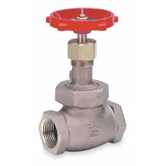 Bronze straight-body globe valve with rising stem and Z-body design. Female threaded connections for 3/8-inch pipe size. Used for flow regulation and shut-off in piping systems handling gas, oil, steam, or water.
