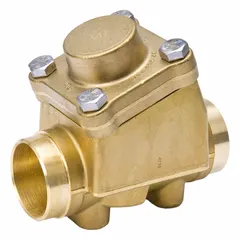 This four-bolt check valve is constructed of brass and features 1 1/8 in connections with a 1 in cut out. It is used in refrigeration and air-conditioning systems to prevent reverse flow in liquid, suction, or hot-gas lines.
