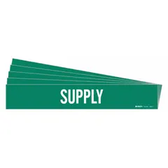 Green adhesive pipe marker with white legend reading 'Supply', designed for pipe outer diameters from 2-1/2 to 7-7/8 inches. Sold in a 5-pack, this marker has no directional arrows and is used to identify supply lines in piping systems.