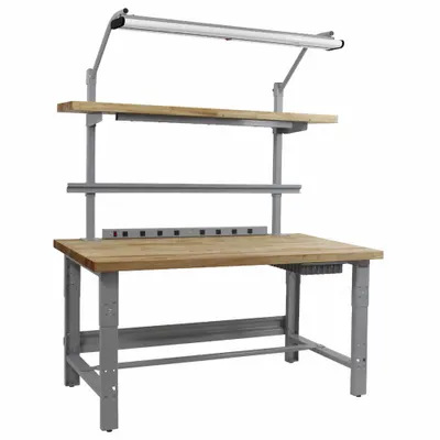 BENCHPRO Workbenches: Adj Ht, Maple, 60 in x 30 in, 1,200 lb Overall Load Capacity - Workstations with Power, Storage & Overhead Lighting