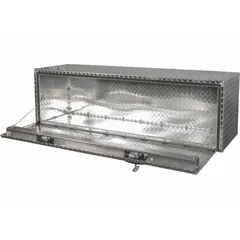 This single drop-down door box is designed for underbody mounting on trucks. It provides secure storage for tools and equipment, with a keyed lock to protect contents during transport. The silver finish offers corrosion resistance for outdoor use.