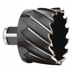 This high-speed steel annular cutter with black oxide finish is designed for general cutting applications in magnetic drill presses. It produces clean, accurate holes in steel and other metals, suitable for structural steel fabrication, construction, and maintenance tasks. The cutter features a 2-1/16 in diameter and a 1 in maximum cutting depth, with a Weldon Flat shank for secure mounting. Not intended for coolant-fed use.