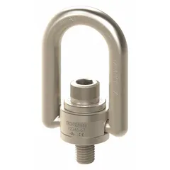 Pivot and rotate hoist ring with removable bolt for pulling operations. Nickel-plated steel construction with M10-1.50 thread. Maximum load capacity of 990 lb. Used in industrial lifting and rigging to provide a multi-directional lifting point.