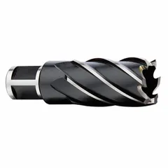 This high-speed steel annular cutter features a black oxide finish and a 1 in diameter, with a maximum cutting depth of 2 in. Designed for use with magnetic drill presses or portable drills, it is suitable for cutting ferrous metals in structural steel, plate, and pipe applications.
