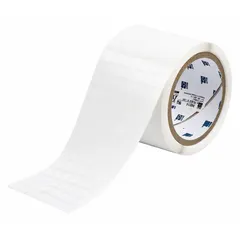 Precut label roll for use with BBP12 printer series. Each label measures 3/8 in x 3/8 in. Made of polyimide with a white gloss finish. Suitable for industrial labeling applications such as asset tracking, cable marking, and component identification.